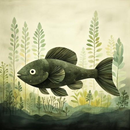 a vibrant fish, adorned with intricate scales and fins, swims amidst the lush foliage of a jungle, as depicted in this stunning art piece by jon klassen, showcasing the artist's unique style and mastery of color and texture in a full-body portrait of the aquatic creature. ai generatedの素材