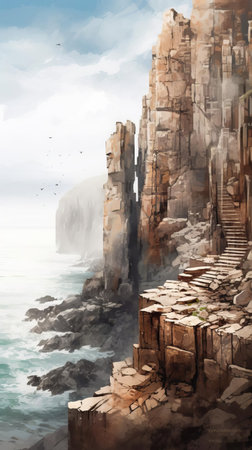 cliff majestically stands tall, its rugged edges softened by the gentle mist that veils its face, as the warm sunlight casts a serene ambiance in this hyper-realistic watercolor style image, evoking feelings of tranquility and awe, perfect for nature lovers and art enthusiasts alike. ai generatedの素材