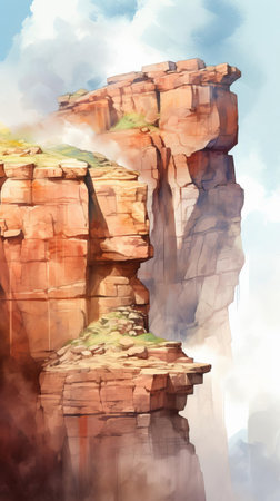 cliff majestically rises from the serene ocean, its rugged edges softened by the gentle mist, as the warm sunlight casts a golden glow on the lush green vegetation, creating a breathtaking scenery that evokes a sense of tranquility and awe, perfect for nature lovers and art enthusiasts alike. ai generatedの素材