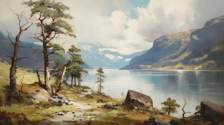 the fjord, majestically depicted in this vintage oil painting, is surrounded by lush nature, with towering trees stretching towards the sky, their reflections mirrored in the calm waters, evoking a sense of serenity and tranquility in this breathtaking scandinavian landscape scene. ai generatedの素材