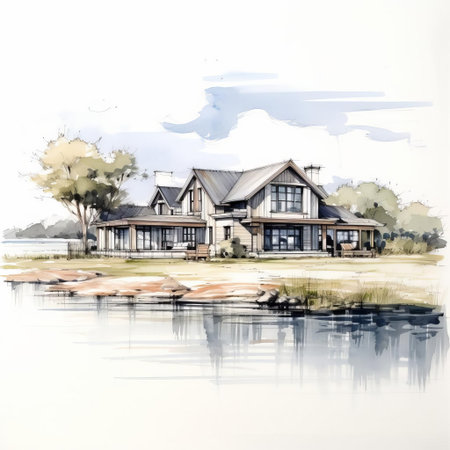 the luxury home sketch showcases a serene abode nestled among the marsh's lush greenery, featuring large windows, a spacious porch, and a modern facade that blends seamlessly with the natural surroundings, exuding elegance and sophistication in a tranquil coastal setting. ai generatedの素材