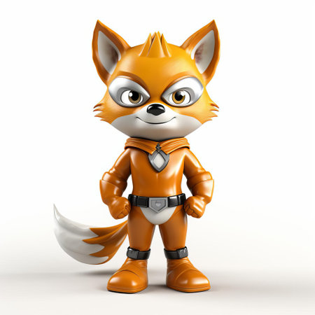 the 3d fox superhero stands proudly on a crisp white background, its vibrant orange fur and dynamic cape flowing in the wind, showcasing its mighty full-body pose, ready to save the day in a burst of colorful comic book-inspired action and adventure. ai generatedの素材