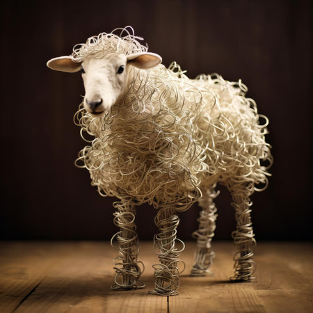 the sheep, crafted from intricately twisted wire, stands proudly on its slender legs, its delicate features and textured fur meticulously recreated to capture the gentle essence of the real animal, perfect for rustic home decor or farm-themed art installations. ai generatedの素材