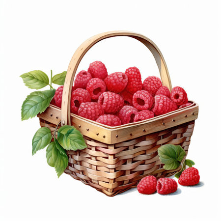 raspberries overflowing from a charming picnic basket, beautifully illustrated in watercolor style, showcase their plump and juicy texture against a crisp white background, perfect for adding a touch of summer sweetness to your designs, recipes, or outdoor adventure themes. ai generatedの素材