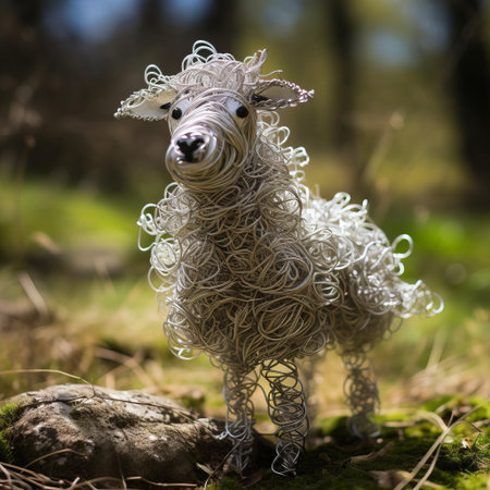 sheep crafted from intricately twisted wire, showcasing exceptional attention to detail, with a sturdy full-body structure, featuring a robust torso, agile legs, and a gentle face, perfect for rustic home decor or as a unique farm-themed accessory. ai generatedの素材