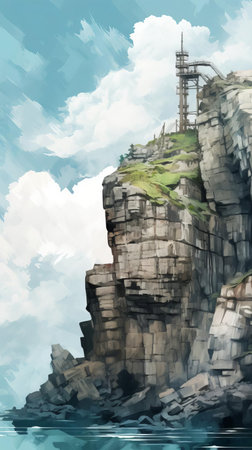 cliffs majestically rise from the turquoise ocean, surrounded by lush greenery, in this stunning hyper-realistic watercolor artwork, capturing the serene atmosphere of a coastal landscape, with intricate details and subtle color blends, evoking a sense of tranquility and wonder, perfect for nature lovers and art enthusiasts. ai generatedの素材