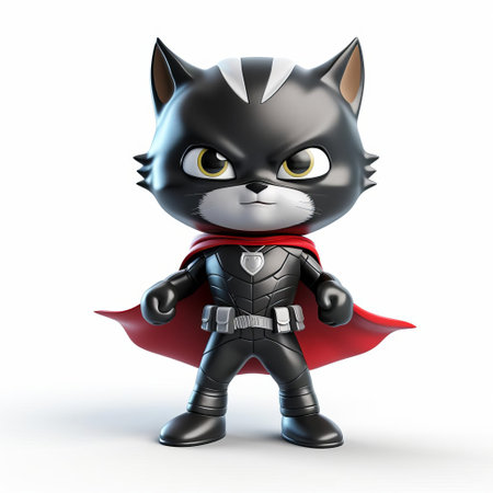the majestic 3d cat superhero stands proudly on a crisp white background, its vibrant full-body suit and cape a testament to its fearless feline spirit, ready to pounce into action and save the day with its superpowers, showcasing its agility and strength in a stunning digital illustration. ai generatedの素材