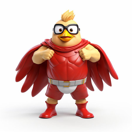 a majestic 3d chicken superhero stands proudly on a crisp white background, showcasing its vibrant plumage and powerful physique in a dynamic full-body pose, ready to save the day with its extraordinary abilities and fearless attitude. ai generatedの素材