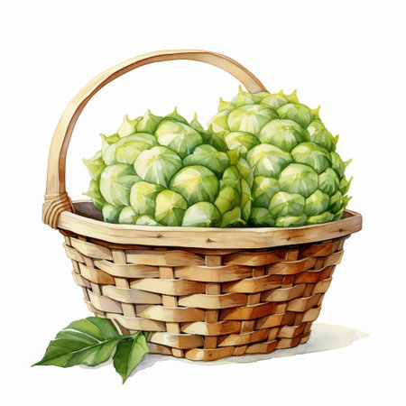 sugar apple, a sweet and juicy fruit, sits invitingly in a charming picnic basket, beautifully illustrated in watercolor style, against a crisp white background, evoking feelings of summer fun and outdoor adventure, perfect for clipart and design projects. ai generatedの素材