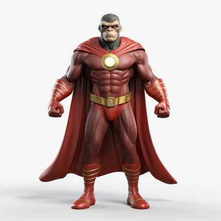 the chimpanzee, dressed in a vibrant superhero costume, stands confidently on a crisp white background, showcasing its full body in a dynamic 3d pose, evoking a sense of power and agility, perfect for illustrations, graphics, and digital art projects requiring a heroic primate character. ai generatedの素材