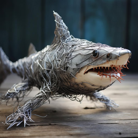 the shark, crafted from intricately twisted wire, showcases exceptional detail, from its pointed snout to its powerful tail, capturing the ocean predator's sleek physique, with each delicate loop and curve evoking the ferocity and beauty of the marine world's apex hunter. ai generatedの素材