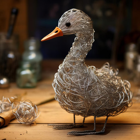 the duck, crafted from intricately shaped wire, stands proudly on its slender legs, its full body formed from delicate twists and turns of metal, showcasing the artist's remarkable skill in wire sculpture, capturing the essence of this beloved waterbird in a unique and captivating piece of art. ai generatedの素材
