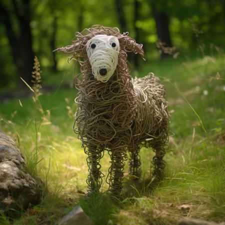 the sheep, crafted from intricately twisted wire, stands proudly on its slender legs, its full body a testament to the artist's skill, with delicate features and textured fur, evoking a sense of rustic charm and whimsy, perfect for a rural-themed decor or a unique garden ornament. ai generatedの素材