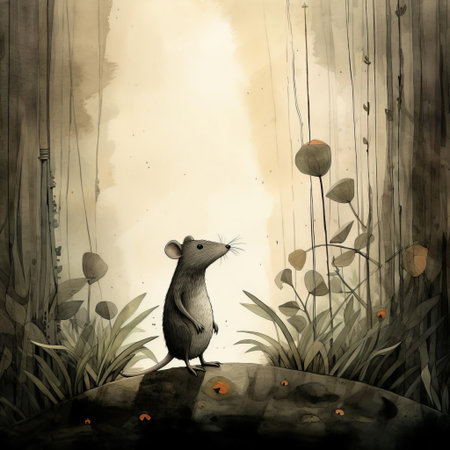 a rat, dressed in a vibrant orange and yellow attire, stands proudly in the midst of a lush jungle, surrounded by exotic plants and vines, showcasing jon klassen's unique art style, blending whimsy and adventure, perfect for fans of children's book illustrations and animal art. ai generatedの素材