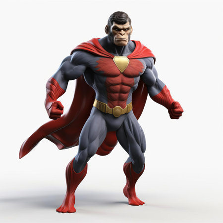 the chimpanzee, dressed in a vibrant superhero costume, stands confidently on a pristine white background, showcasing its full body in a dynamic 3d pose, highlighting its muscular physique and bold facial expression, evoking a sense of power and heroism in this unique digital artwork. ai generatedの素材
