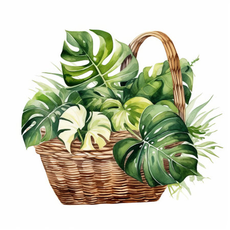the monstera deliciosa, a lush and vibrant tropical plant, spills out of a charming picnic basket in this beautiful watercolor illustration, showcasing its juicy, heart-shaped leaves against a crisp white background, perfect for adding a touch of whimsy to any design or project. ai generatedの素材