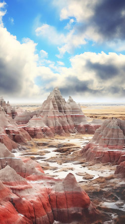 badlands, a breathtaking geological wonder, unfolds in this stunning hyper-realistic watercolor style image, capturing the intricate textures and vibrant hues of the rugged terrain, with sweeping vistas of eroded rock formations, rolling hills, and vast expanses of open skies. ai generatedの素材