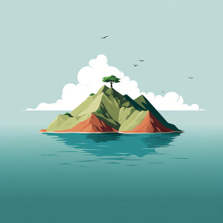 the island, depicted in a stunning minimalist line art style, stands out against a vibrant color palette, evoking feelings of serenity and tranquility, perfect for tropical getaways and exotic escapes, with its simplistic yet striking visual appeal. ai generatedの素材