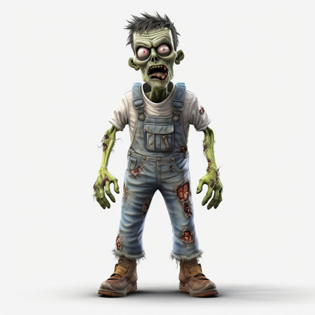 a zombie, dressed in worn overalls, stands upright in a full-body pose against a pristine white background, devoid of any shadows, showcasing its gruesome yet cartoonish features in vivid 3d rendering, perfect for horror-themed graphics and digital art projects. ai generatedの素材