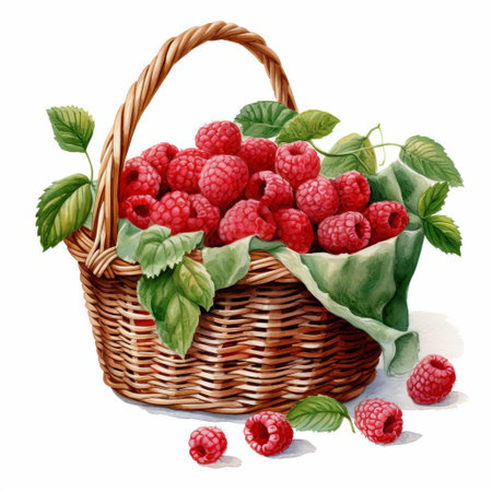 raspberries overflow from a charming picnic basket, their juicy sweetness radiating against a crisp white background, evoking memories of warm summer days and outdoor gatherings, perfect for adding a touch of whimsy to your digital designs or print materials with this delightful watercolor clipart. ai generatedの素材
