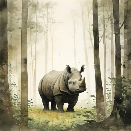 the rhinoceros, depicted in a vibrant jungle setting, is the star of this stunning art piece by jon klassen, showcasing the full body of the majestic creature in exquisite detail, surrounded by lush greenery and exotic foliage, evoking a sense of wild beauty and primal power. ai generatedの素材