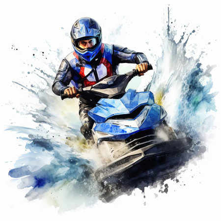 jet ski, speeding across the serene water, leaving a trail of waves behind, is beautifully illustrated in a stunning watercolor style on a crisp white background, evoking a sense of freedom and adventure, perfect for summer vacation and water sports enthusiasts. ai generatedの素材