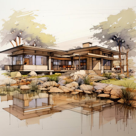 the luxury home sketch showcases a serene savanna abode, blending modern elegance with natural surroundings, featuring large windows, sleek lines, and an expansive outdoor area, perfect for relaxation and taking in the breathtaking african landscape views. ai generatedの素材