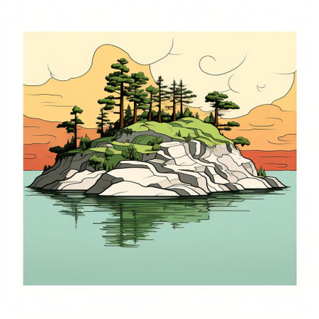 the archipelago sprawls majestically across the canvas, depicted in stunning minimalist line art that pops against a vibrant color palette, evoking a sense of tropical tranquility and inviting the viewer to escape to a serene island getaway. ai generatedの素材