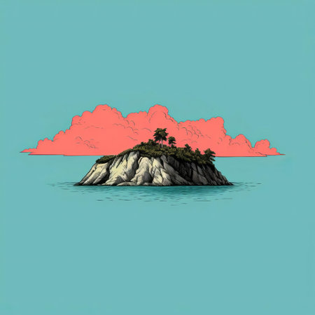 islands, depicted in a nostalgic style reminiscent of a vintage illustration, boast a bold and striking color palette that elevates their visual appeal, as a pink cloud above the island adds a touch of whimsy and playfulness, set against a calming turquoise background evoking serenity and tranquility. ai generatedの素材