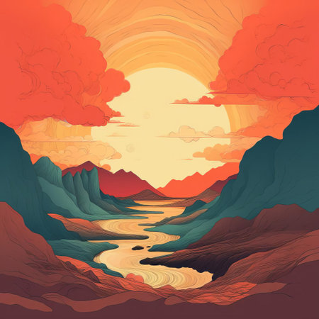 the serene valley landscape is beautifully captured in this minimalist line art piece, featuring a delicate balance of bold colors and subtle shading, evoking a sense of tranquility and simplicity, perfect for nature lovers and art enthusiasts alike, with its unique blend of modern style and natural beauty. ai generatedの素材