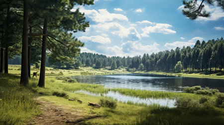 the serene lake, nestled among towering pine trees, glistens in the sunlight, its calm waters reflecting the surrounding landscape, creating a peaceful atmosphere, perfect for relaxation and tranquility, surrounded by nature's beauty, in this idyllic countryside setting. ai generatedの素材