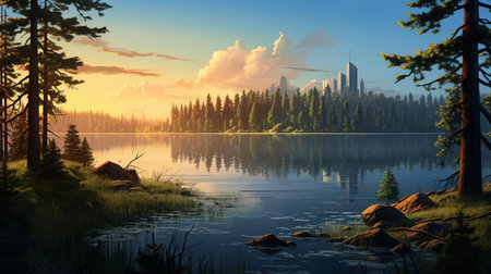 the serene lake cityscape, nestled between towering pine trees, offers a tranquil atmosphere, reflecting the majestic beauty of nature, with the calm water mirroring the surrounding landscape, creating a sense of peaceful coexistence with the natural world, perfect for relaxation and contemplation. ai generatedの素材