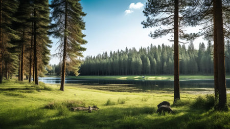 the serene lake pasture, nestled between towering pine trees, offers a tranquil atmosphere, perfect for relaxation, with its calm waters reflecting the majestic trees and surrounding lush greenery, creating a sense of peaceful coexistence with nature. ai generatedの素材