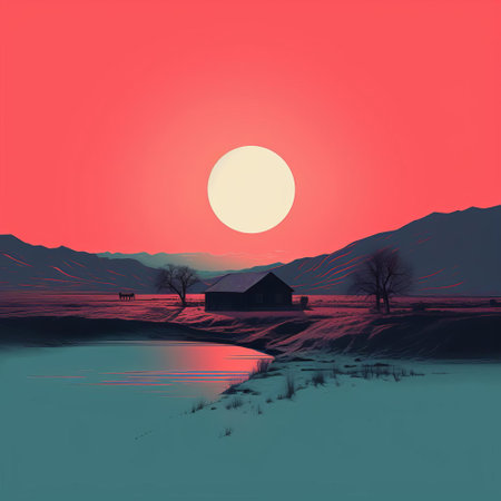 the hinterland landscape unfolds in a mesmerizing display of minimalist line art, where delicate strokes of vibrant color converge to evoke a sense of serene wilderness, inviting the viewer to step into the tranquil atmosphere of this mystical realm, where nature's beauty is distilled to its essence. ai generatedの素材