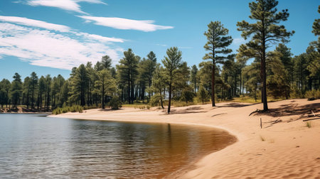 sand dunes of a serene lake shimmer in the sunlight, nestled between towering pine trees, creating a breathtaking landscape of natural beauty, perfect for outdoor enthusiasts and nature lovers seeking tranquility and adventure in a picturesque setting. ai generatedの素材