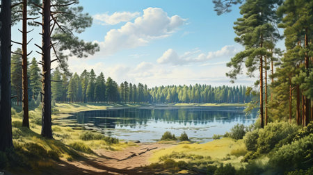 the serene lake, nestled among towering pine trees, offers a tranquil atmosphere in this rural area, perfect for relaxation and connection with nature, surrounded by lush greenery and majestic tree trunks, reflecting the beauty of the natural world. ai generatedの素材