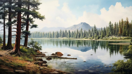 the serene lake, surrounded by towering pine trees, reflects the majestic beauty of the rural landscape, evoking a sense of tranquility and peace, perfect for nature lovers and photography enthusiasts seeking a calming escape from the hustle and bustle of city life. ai generatedの素材