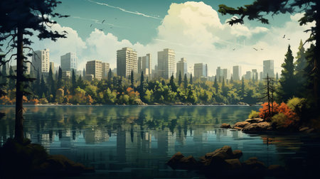 the serene lake cityscape unfolds majestically between a cluster of towering pine trees, their lush green foliage a striking contrast to the calm waters and surrounding urban landscape, evoking a sense of tranquility and natural harmony in this picturesque scene. ai generatedの素材