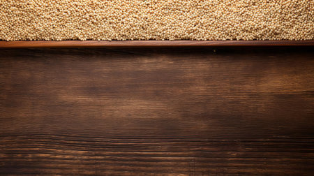 quinoa is beautifully displayed on a rustic wood table, showcasing its nutritious and protein-rich goodness in a stunning top view, perfect for healthy eating and culinary inspiration, evoking feelings of earthy simplicity and wholesome nourishment. ai generatedの素材