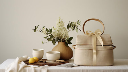 table, set with a delicate lace tablecloth, takes center stage in this intimate still life, surrounded by a thoughtfully curated selection of gourmet goodies, including artisanal cheeses, crusty bread, and fresh seasonal fruits, evoking a sense of warmth and elegance in this rustic-chic hamper arrangement. ai generatedの素材