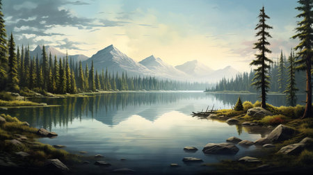 the serene lake cityscape, nestled between towering pine trees, offers a tranquil atmosphere, with the gentle ripples of the water's edge reflecting the majestic beauty of the surrounding landscape, perfect for a relaxing getaway or nature-inspired photography. ai generatedの素材