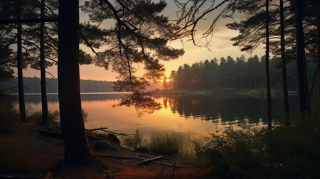 the serene lake, surrounded by majestic pine trees, reflects the vibrant blue sky, creating a breathtaking landscape perfect for nature lovers and photography enthusiasts, evoking feelings of tranquility and peace in this idyllic wilderness setting. ai generatedの素材