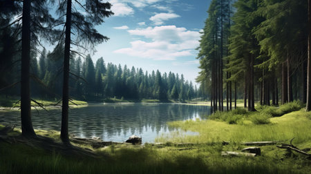the serene lake pasture, nestled between towering pine trees, offers a tranquil atmosphere, perfect for relaxation and nature exploration, with the surrounding trees providing shade and a picturesque backdrop for outdoor activities like hiking, camping, and fishing. ai generatedの素材