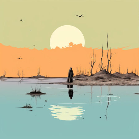 the fen, a serene and tranquil wetland ecosystem, is beautifully depicted in this minimalist line art illustration, featuring delicate strokes and subtle color hues that evoke a sense of calmness and simplicity, perfect for nature lovers and art enthusiasts alike. ai generatedの素材