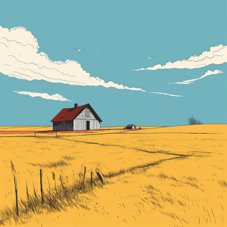 the prairie landscape stretches out in serene simplicity, depicted in a beautiful minimalist line art style that emphasizes the beauty of nature's subtle hues, with a vibrant color palette that evokes feelings of warmth and tranquility, perfect for nature lovers and art enthusiasts alike. ai generatedの素材
