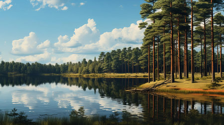 the serene lake, nestled in a picturesque rural area, peeks through the majestic pine trees, offering a tranquil atmosphere and breathtaking scenery, perfect for nature lovers and outdoor enthusiasts seeking relaxation and adventure in a peaceful environment. ai generatedの素材
