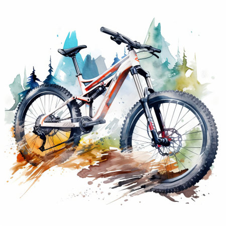 mountain bike, surrounded by lush greenery and vibrant flowers, rides freely on a winding trail in this stunning watercolor clipart, set against a crisp white background, evoking a sense of adventure, freedom, and connection with nature, perfect for outdoor enthusiasts and cycling fans. ai generatedの素材