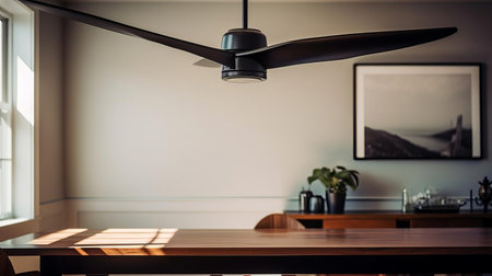 the minimalist table, adorned with a single decorative vase, takes center stage in this intimate close-up shot, set against a subtle background of modern ceiling fans softly spinning above, evoking a sense of serenity and understated elegance in a contemporary living space. ai generatedの素材