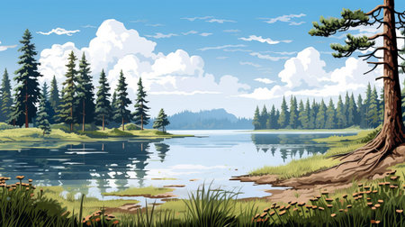 the serene landscape style is characterized by a harmonious blend of natural elements, with the lake's calm surface and lush greenery creating a soothing atmosphere, perfect for relaxation and tranquility, evoking feelings of peacefulness and connection with nature. ai generatedの素材