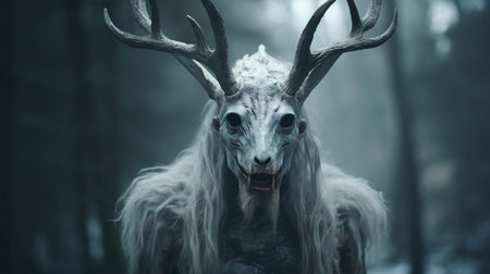 the wendigo hybrid, a mythical creature from native american folklore, is captured in this haunting portrait photograph, its humanoid features twisted with antlers and fur, evoking a sense of dark mysticism and supernatural terror, perfect for fans of horror and fantasy art. ai generatedの素材